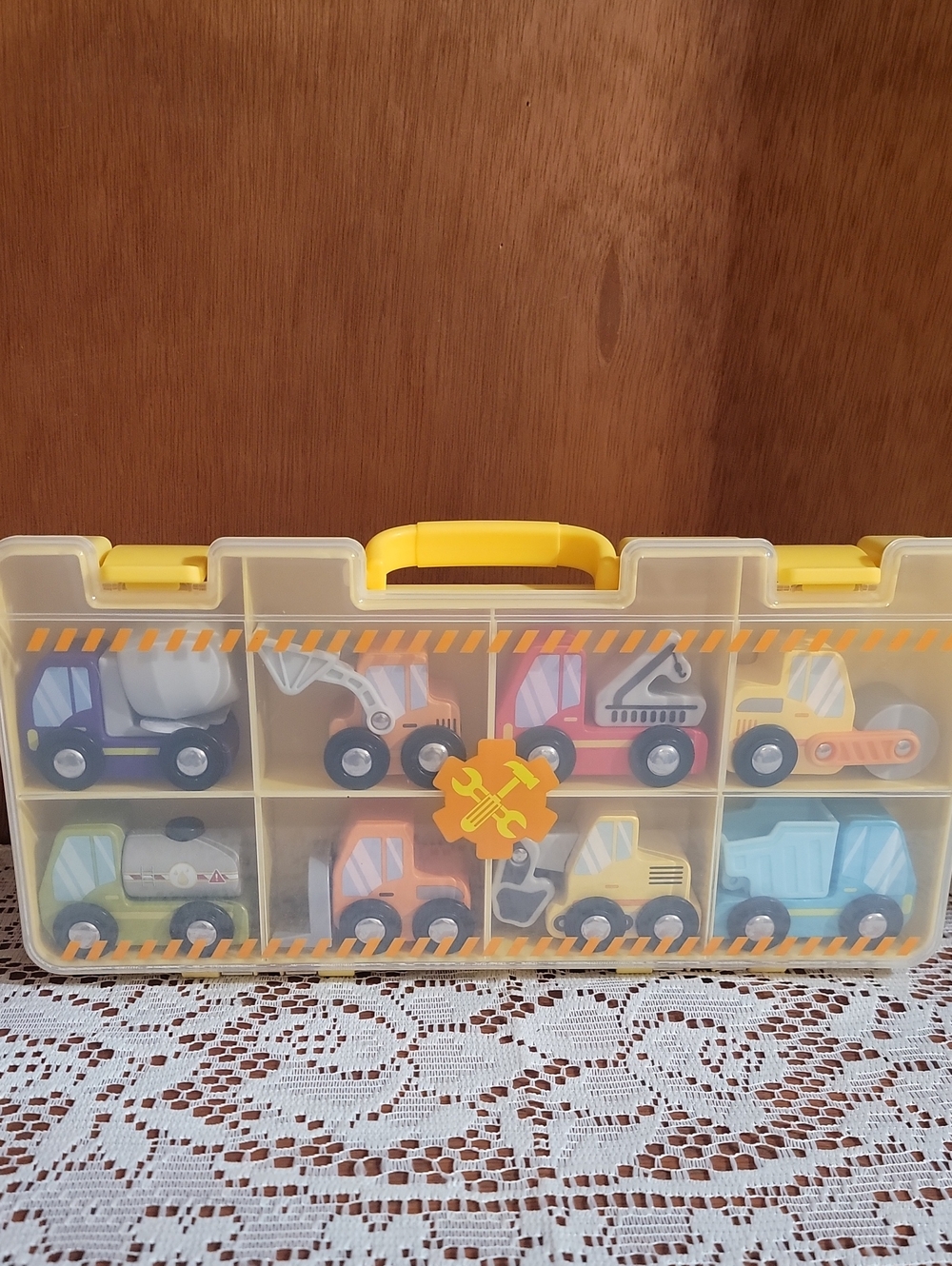 Giggle Scape Kids Wooden Construction Vehicle Playset with Yellow Carry Case